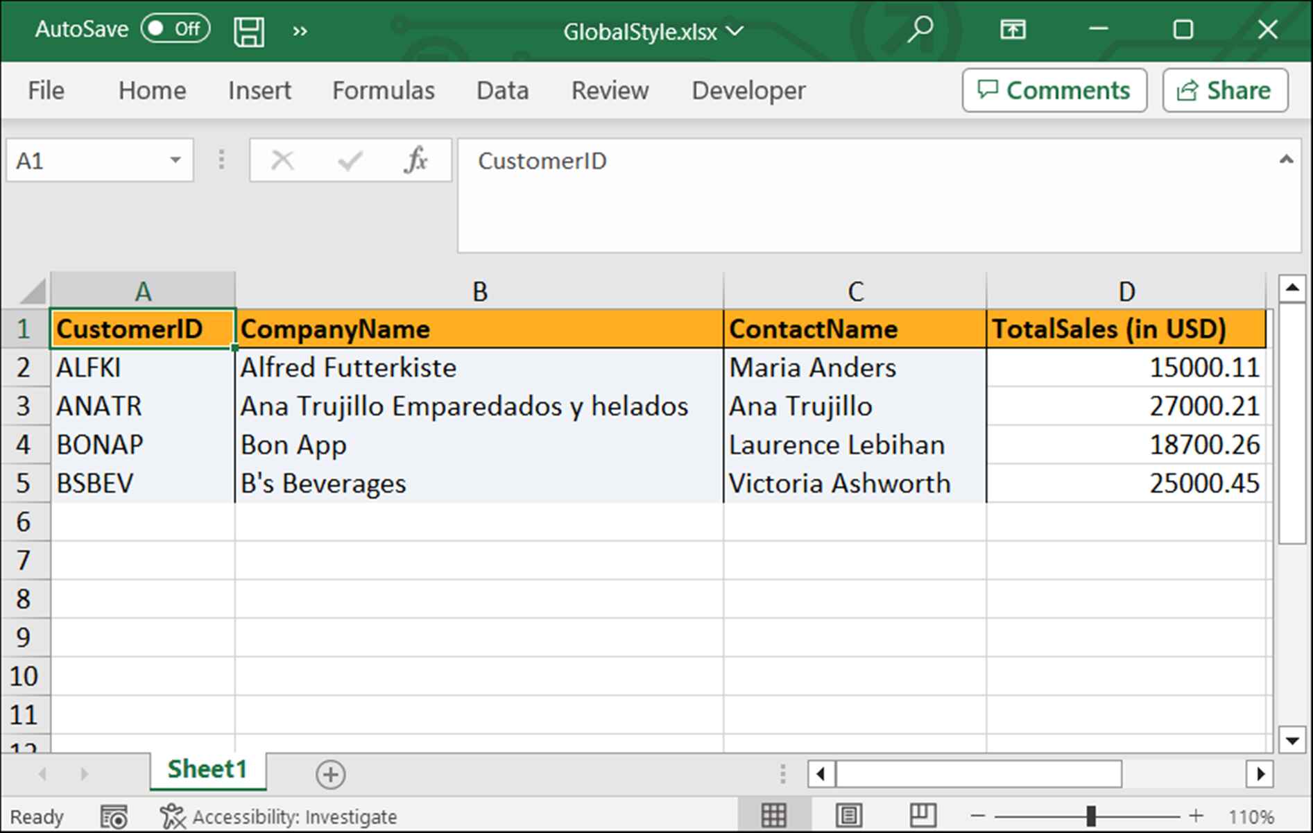 Excel document with global styles
