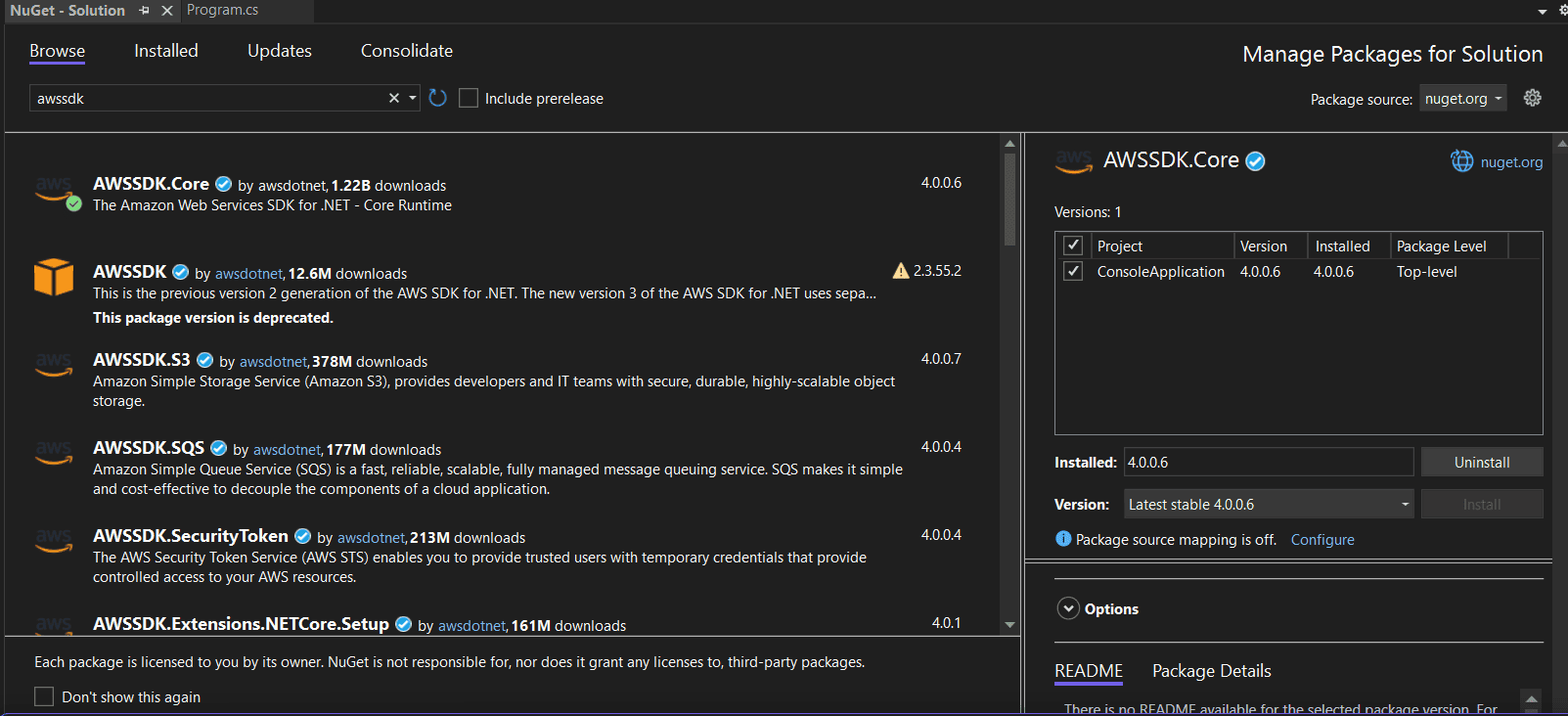 Install AWSSDK.Core NuGet package