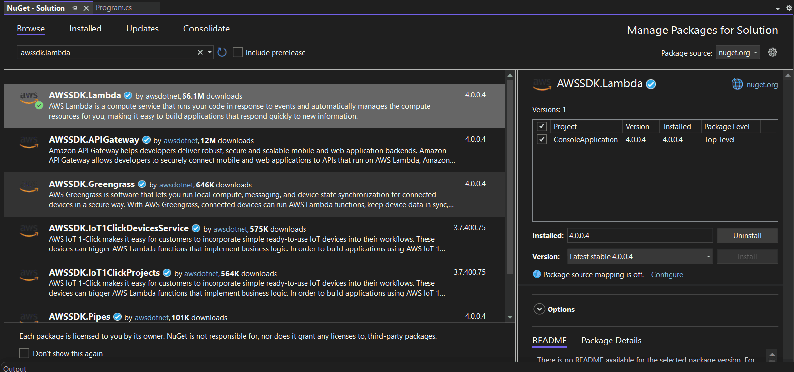 Install AWSSDK.Lambda NuGet package