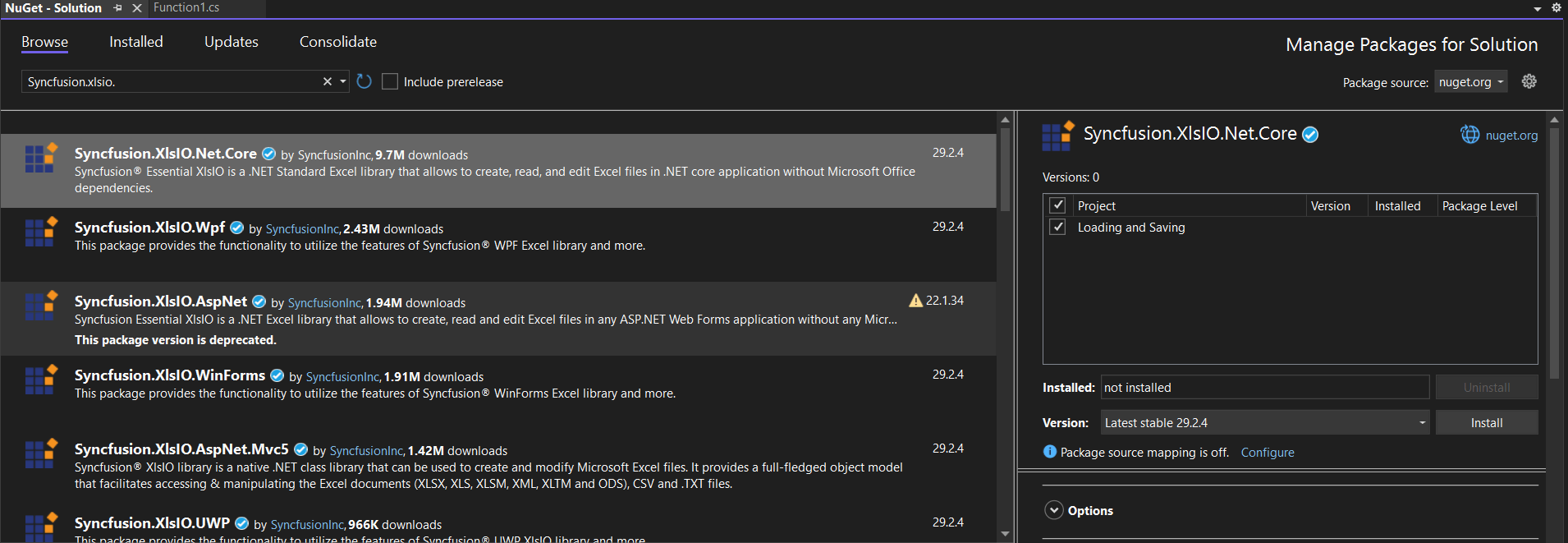 Install Syncfusion.XlsIO.Net.Core Nuget Package