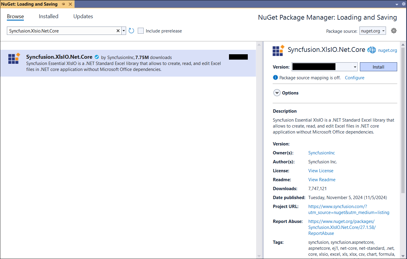 Install Syncfusion.XlsIO.Net.Core Nuget Package
