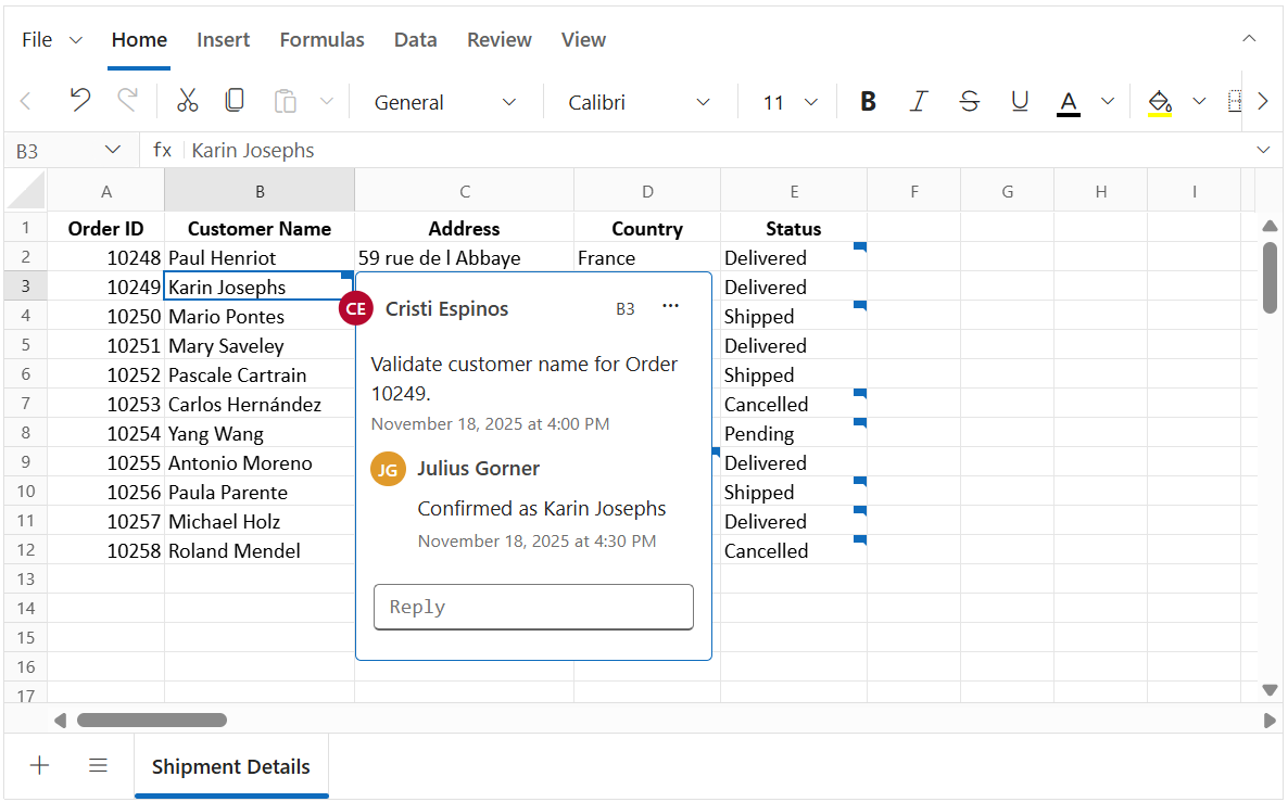 Adding a reply in Spreadsheet