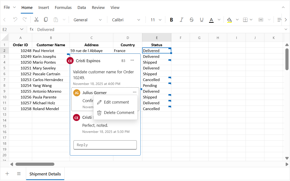 Deleting a comment reply in Spreadsheet