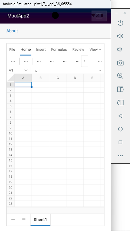 Blazor Spreadsheet running in the Android emulator