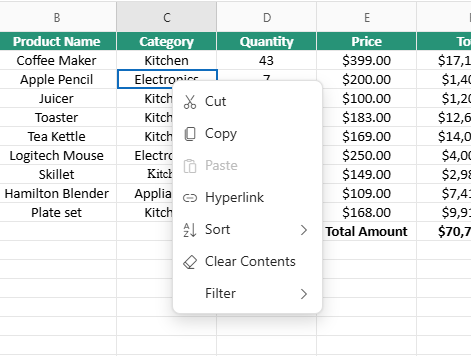 Context menu options for cell