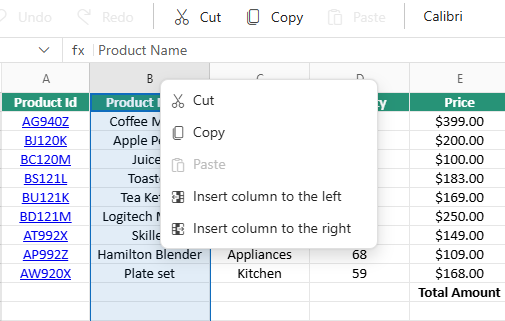 Context menu options for column-header
