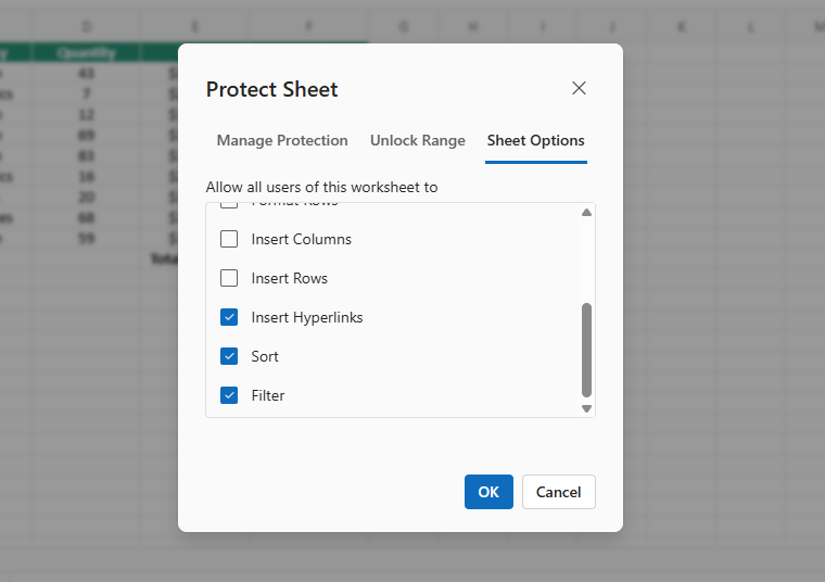 Context menu protection sheet option for cell