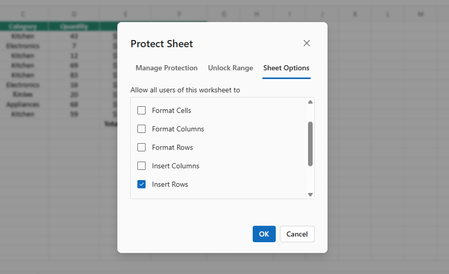 Context menu row protection sheet option