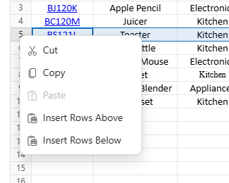 Context menu options for row-header