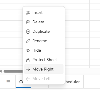 Context menu options for sheet tab