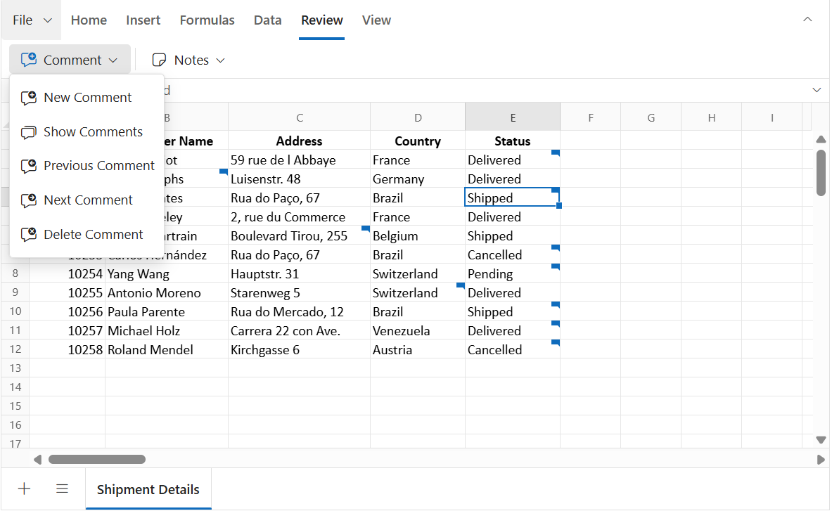 Next and Previous comments in Spreadsheet