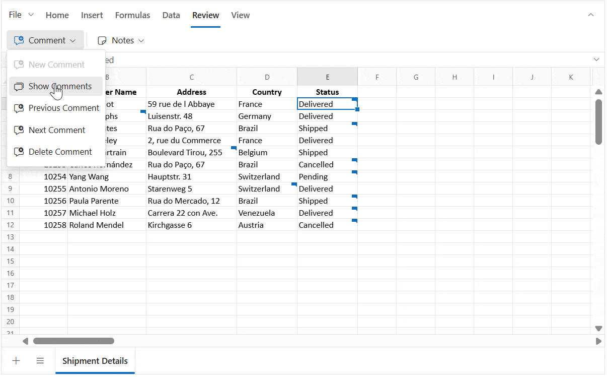 Show comments in Spreadsheet