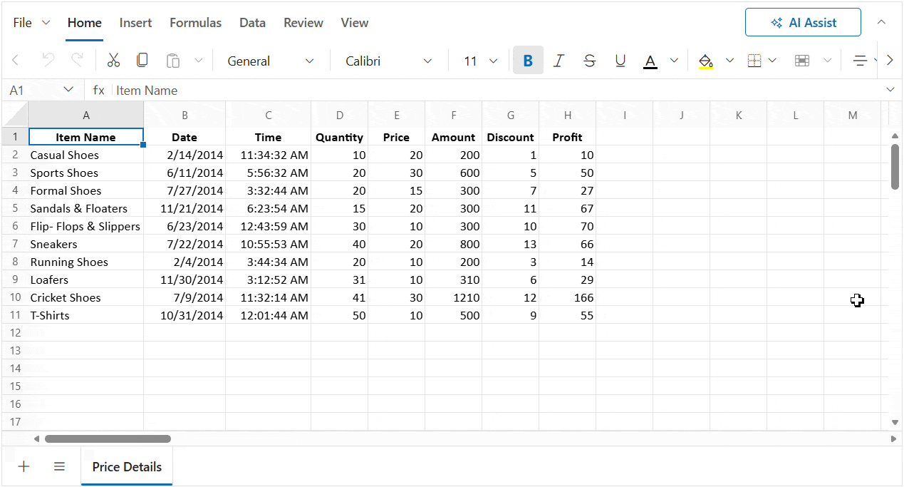Spreadsheet AI Assist panel