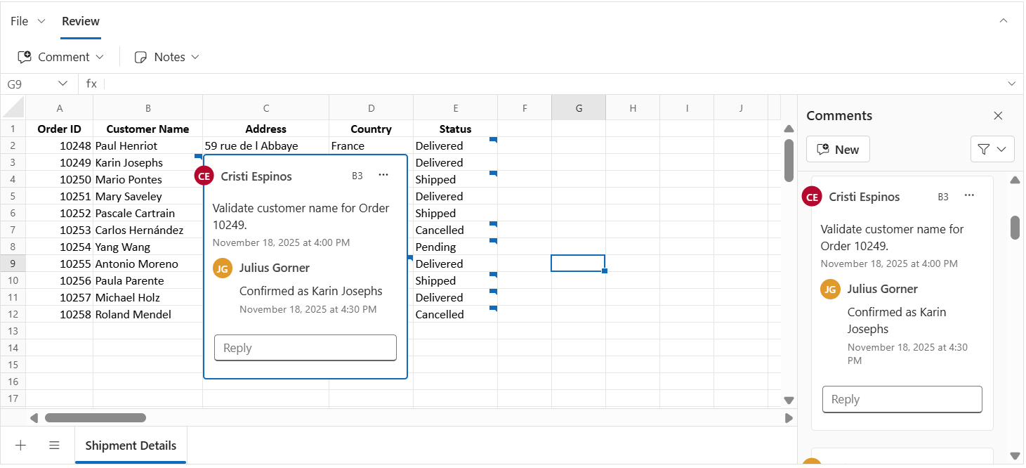 Spreadsheet showing a comment