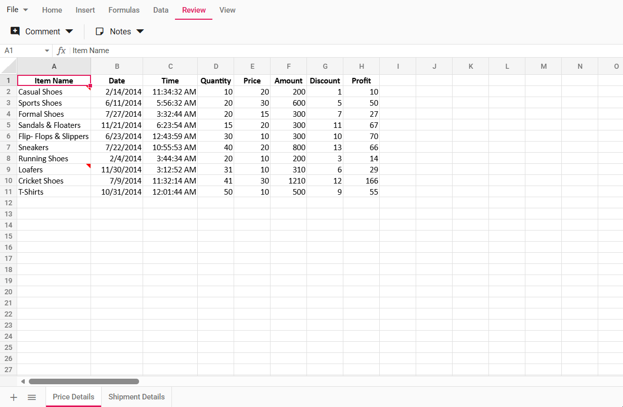 Navigating between notes in Spreadsheet