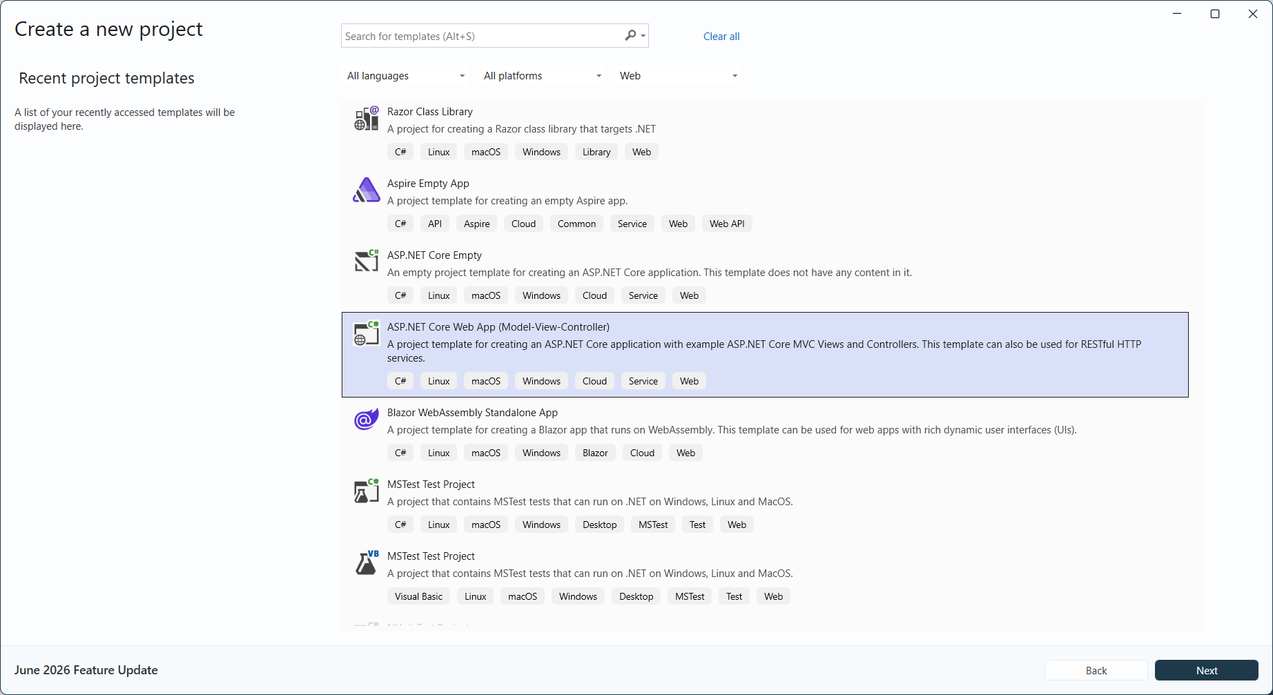 Create ASP.NET Core Web application in Visual Studio