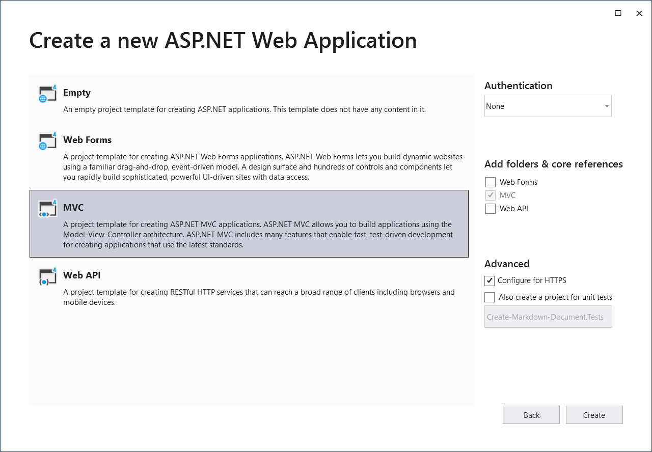 Select MVC application in Visual Studio