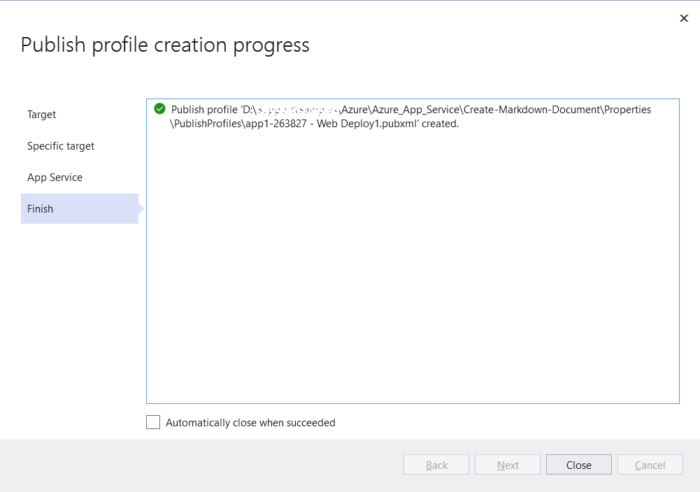 Finish the publish profile