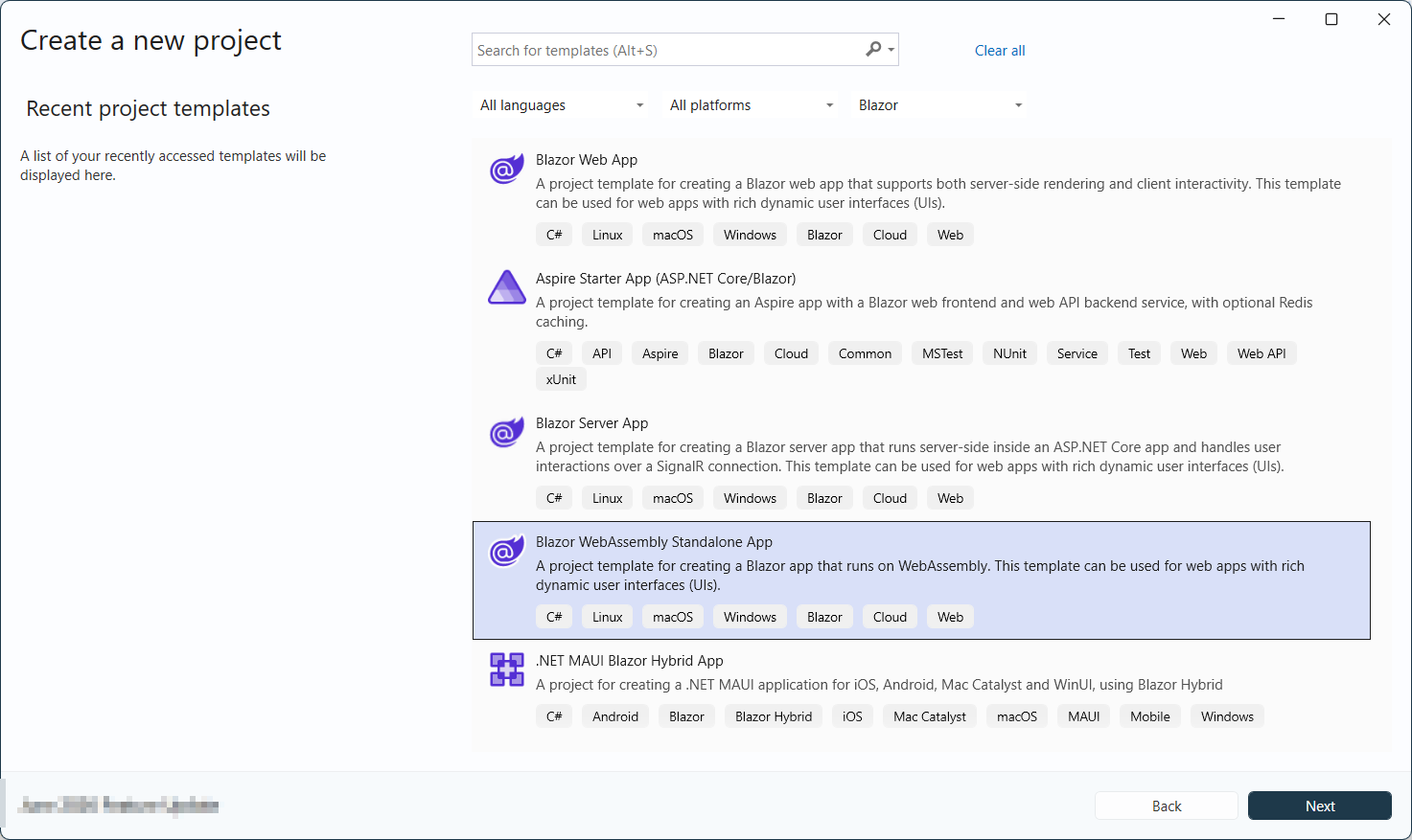 Create Blazor WebAssembly Standalone application in Visual Studio