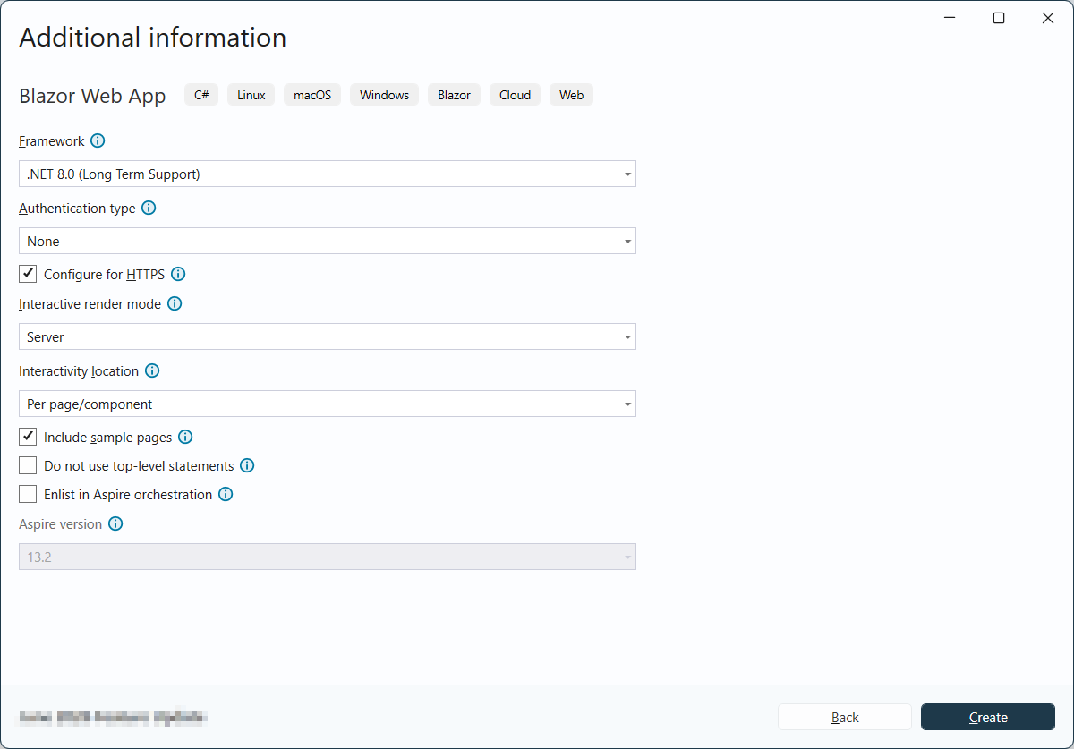 Select the framework in Blazor Web App Server in Visual Studio