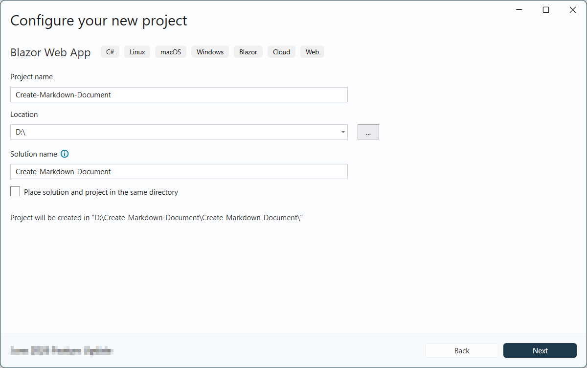 Name the Blazor Web App in Visual Studio