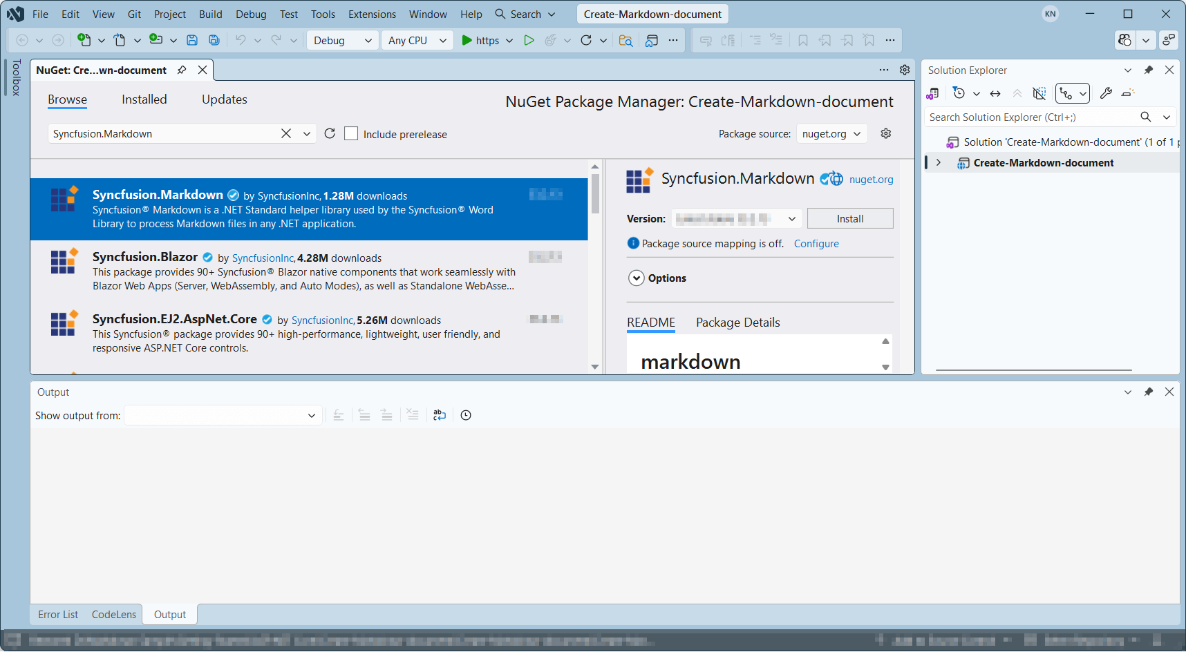 Install Syncfusion.Markdown NuGet Package