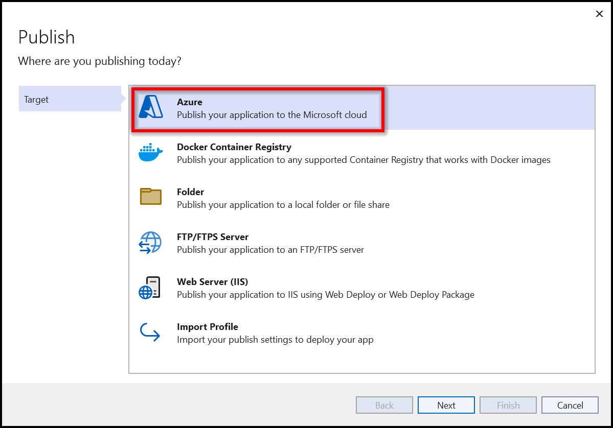Select the publish target as Azure