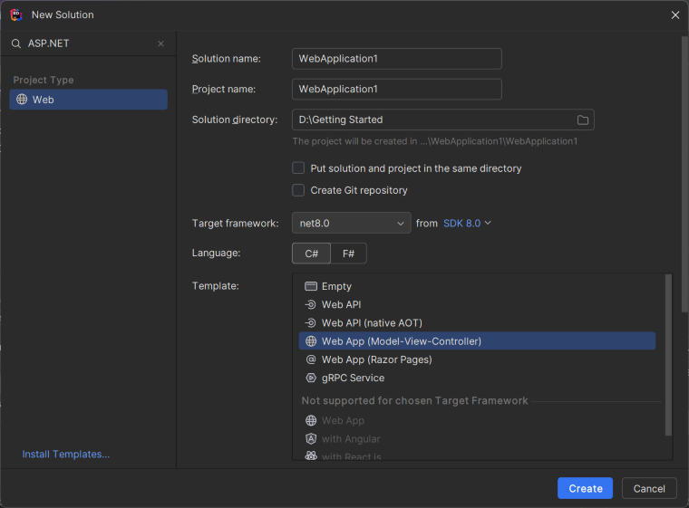 Creating a new ASP.NET Core Web application project in JetBrains Rider