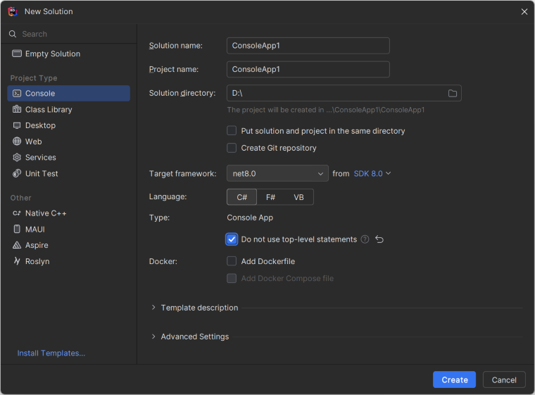 Creating a new Console project in JetBrains Rider