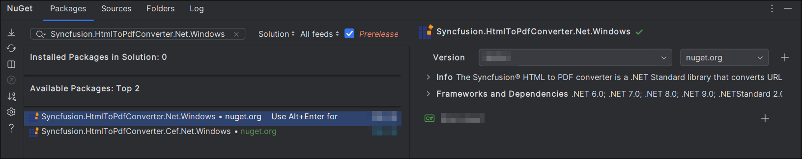 Select the Syncfusion.HtmlToPdfConverter.Net.Windows package