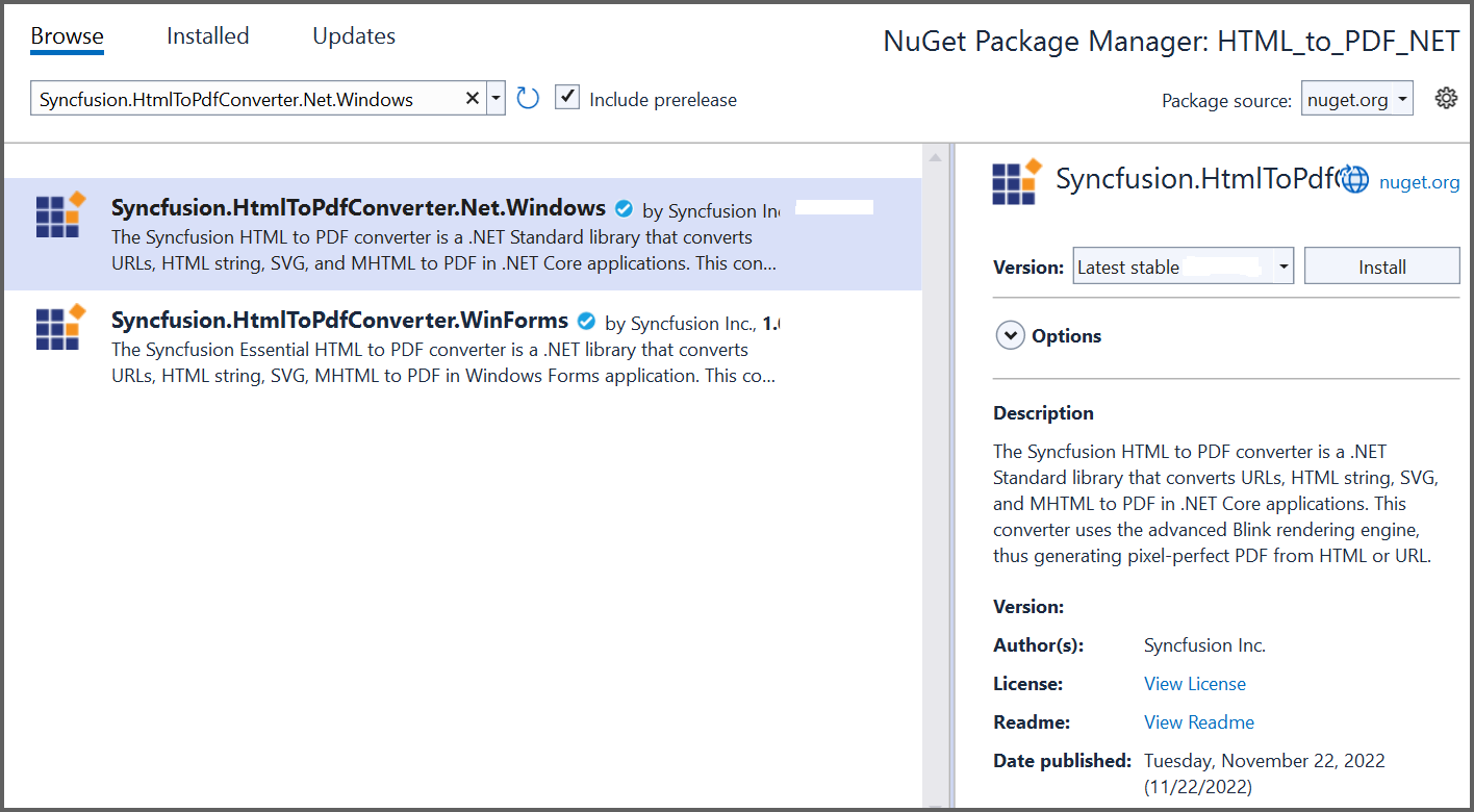 Install HTML to PDF converter .NET package