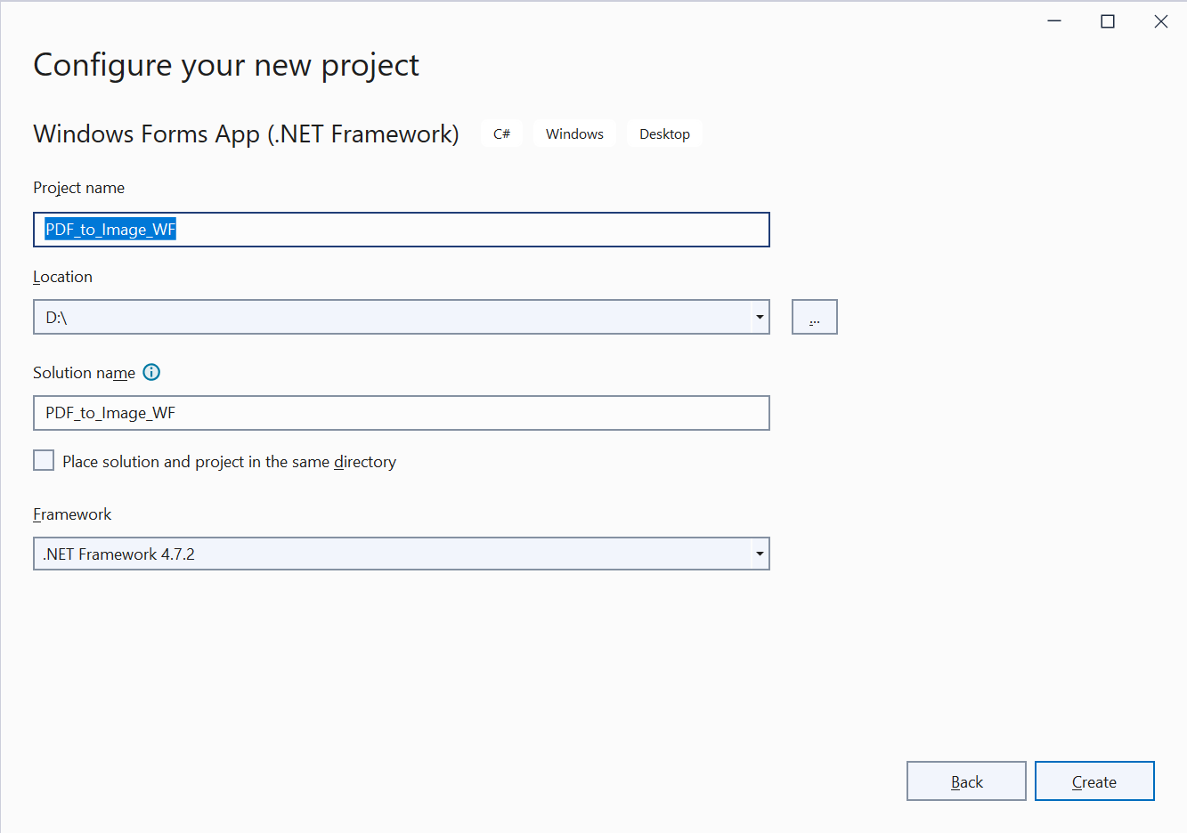 Project configuration window