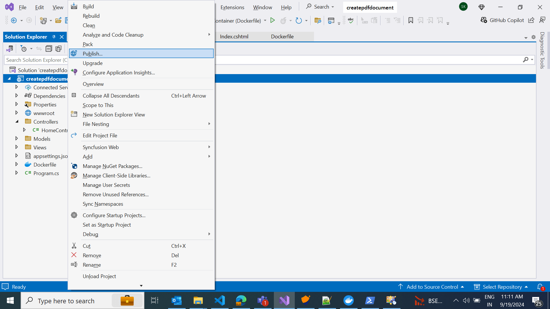 Right-click the project and select the Publish option