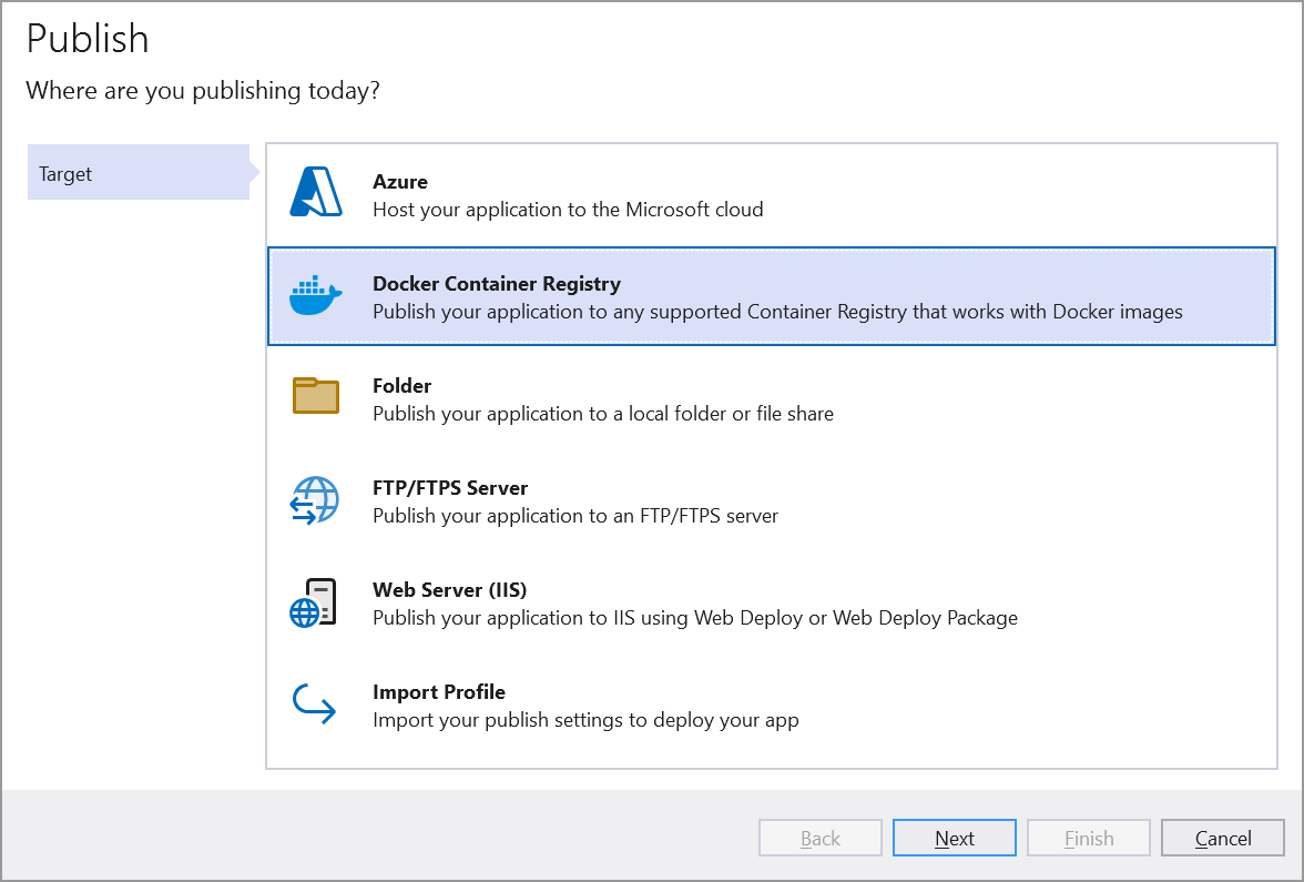 Select the publish target as Azure