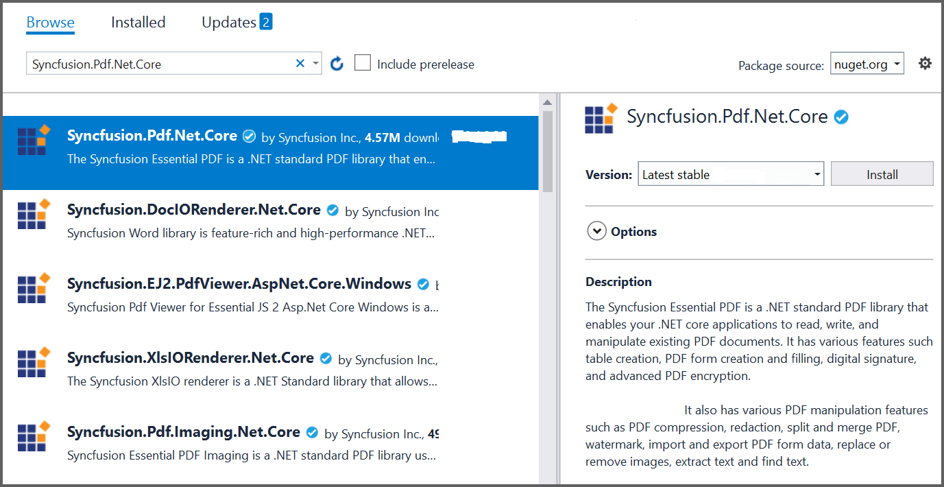 Install PDF .NET Core NuGet package