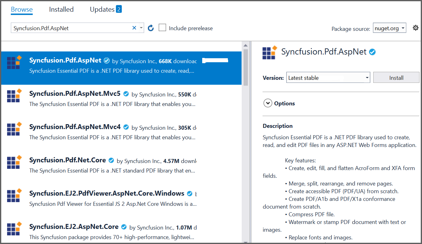 PDF ASP.NET NuGet package installation