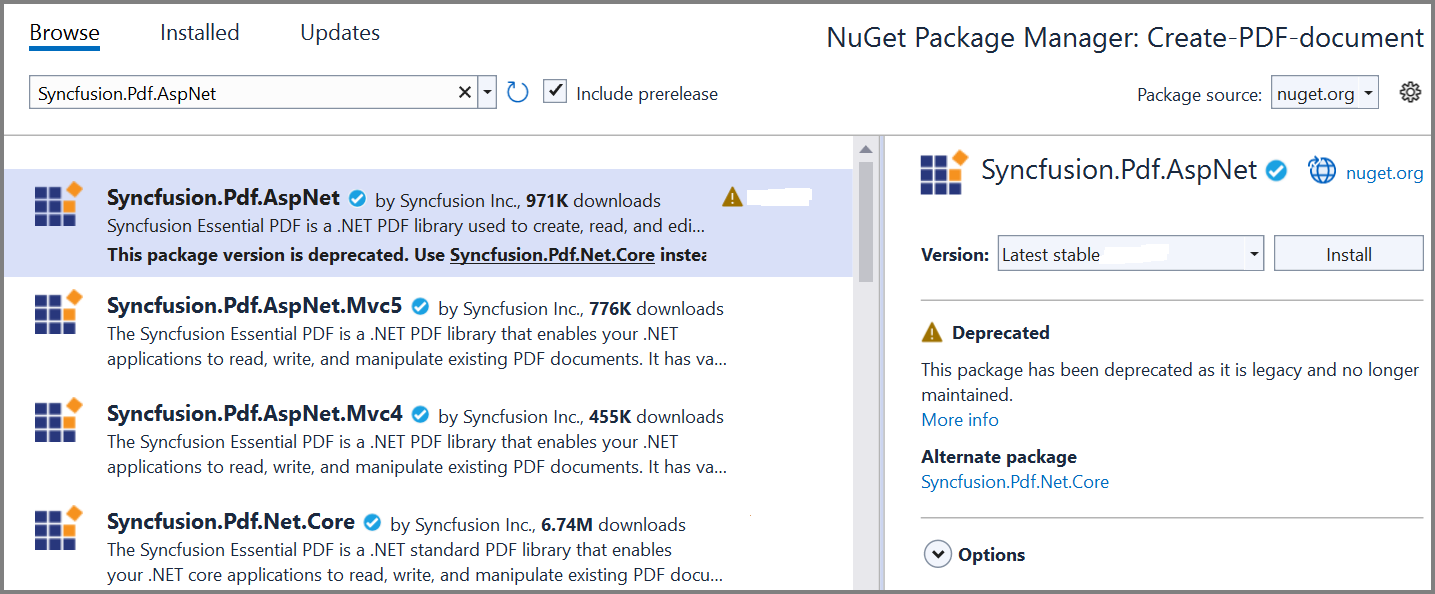 Install Syncfusion.Pdf.AspNet NuGet package