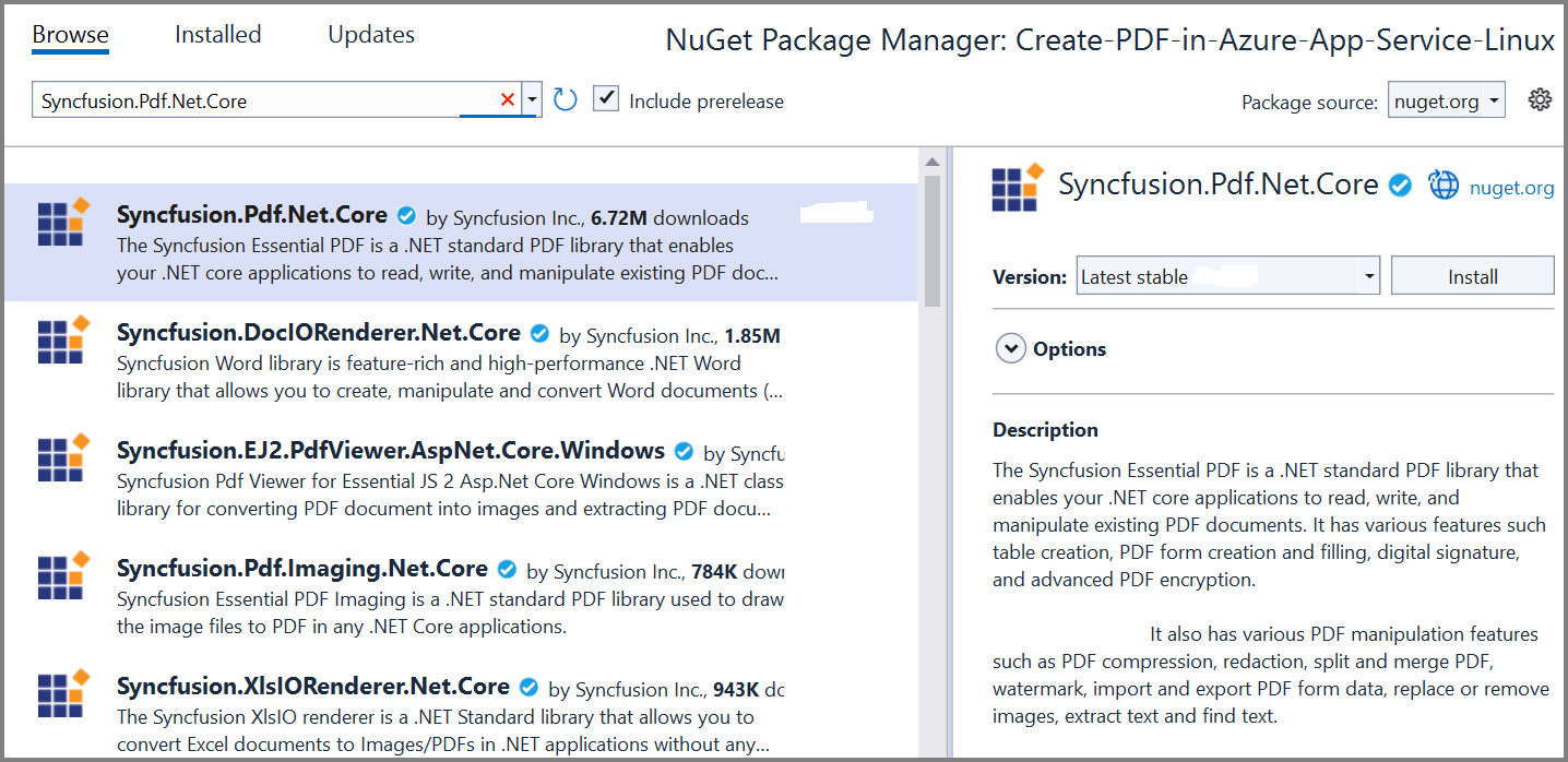 Install Syncfusion.Pdf.Net.Core NuGet package