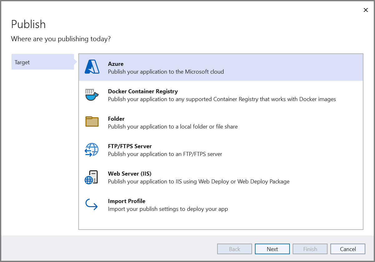 Select the publish target as Azure