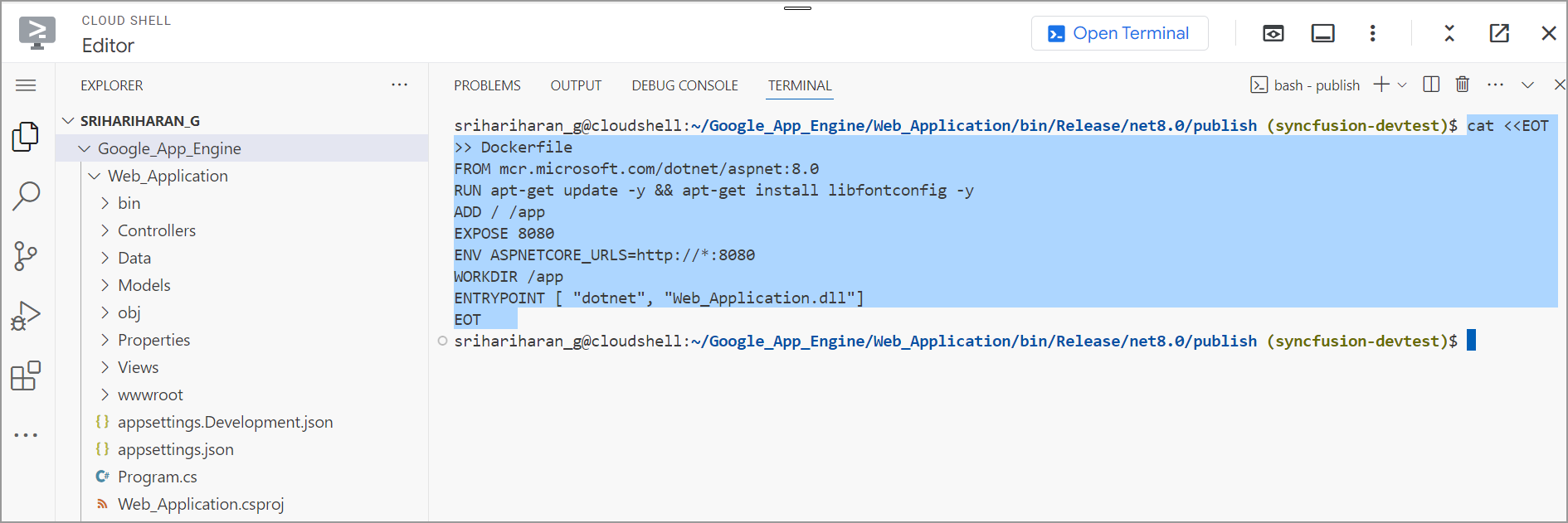 Docker file to publish
