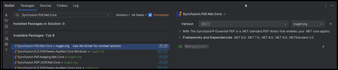 Select the Syncfusion.Pdf.Net.Core package