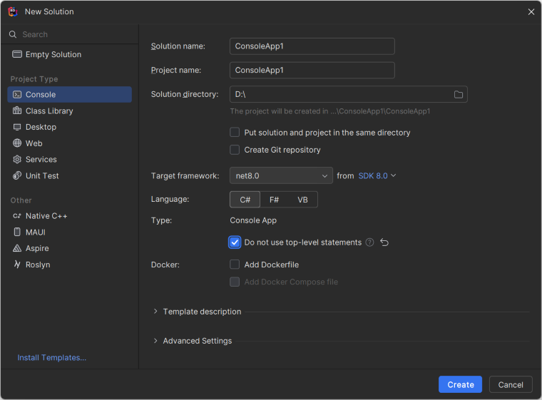 Creating a new .NET Core console application in JetBrains Rider