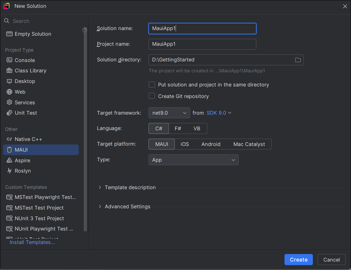 Creating a new .NET MAUI application in JetBrains Rider