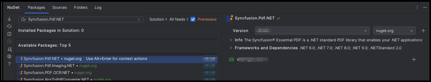 Select the Syncfusion.Pdf.NET package