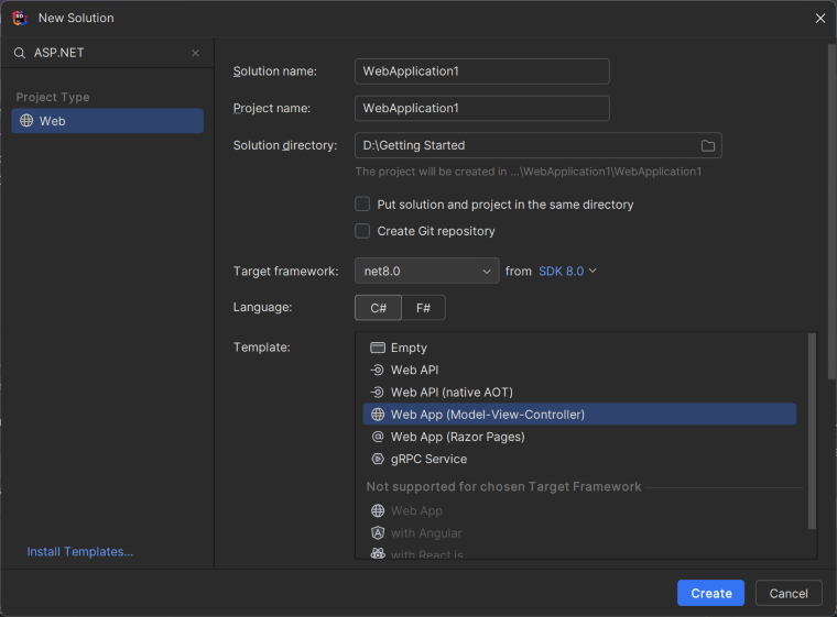 Creating a new ASP.NET Core web application in JetBrains Rider