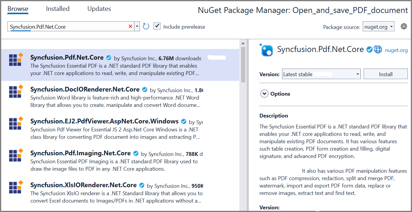 Install Syncfusion.Pdf.Net.Core Nuget Package