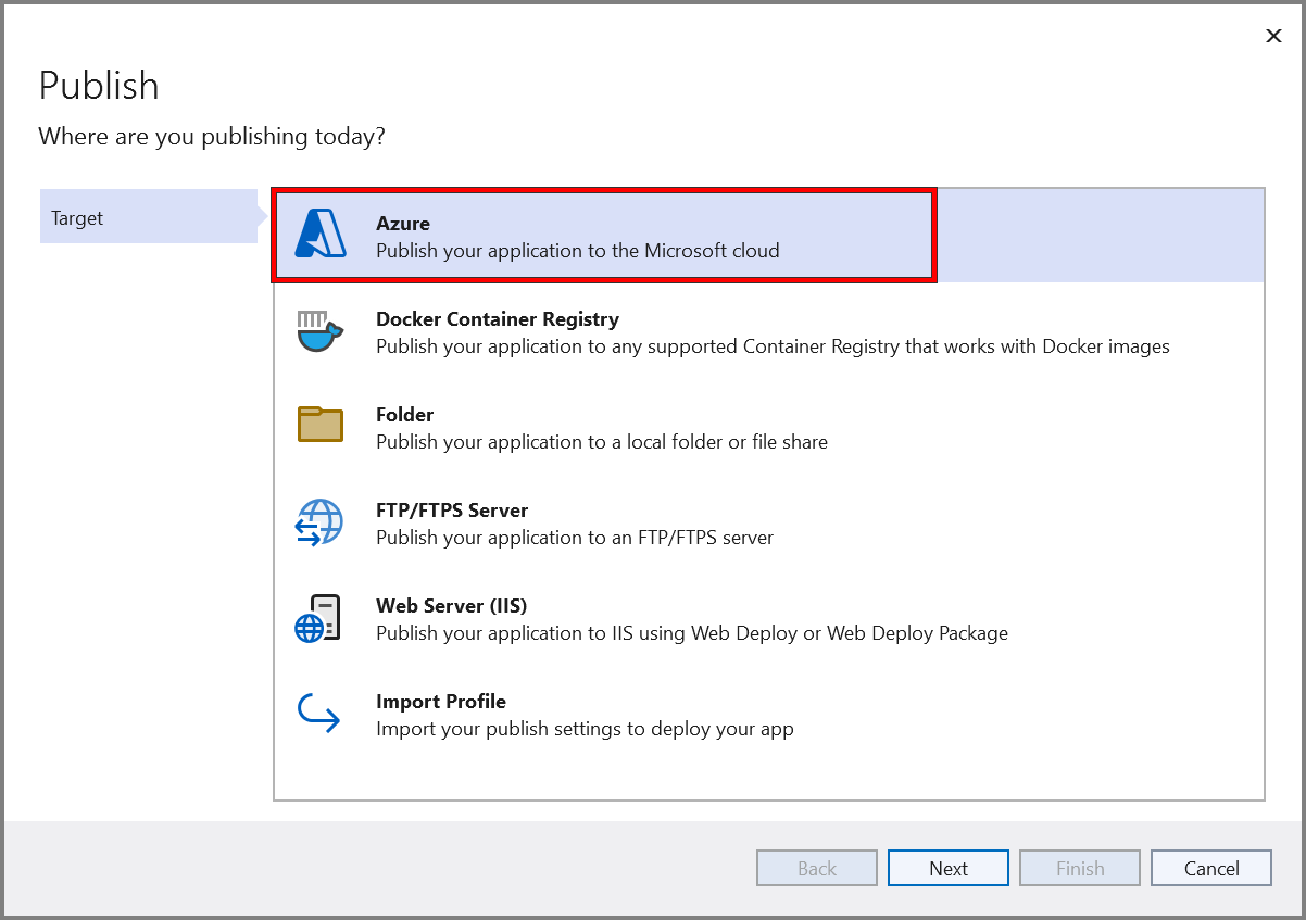 Select the publish target as Azure