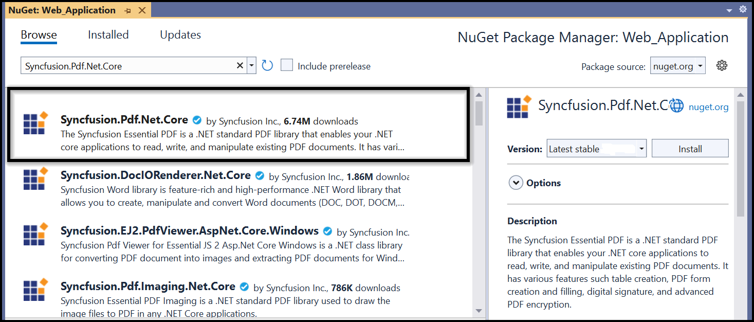 Install Syncfusion.DocIO.Net.Core NuGet package