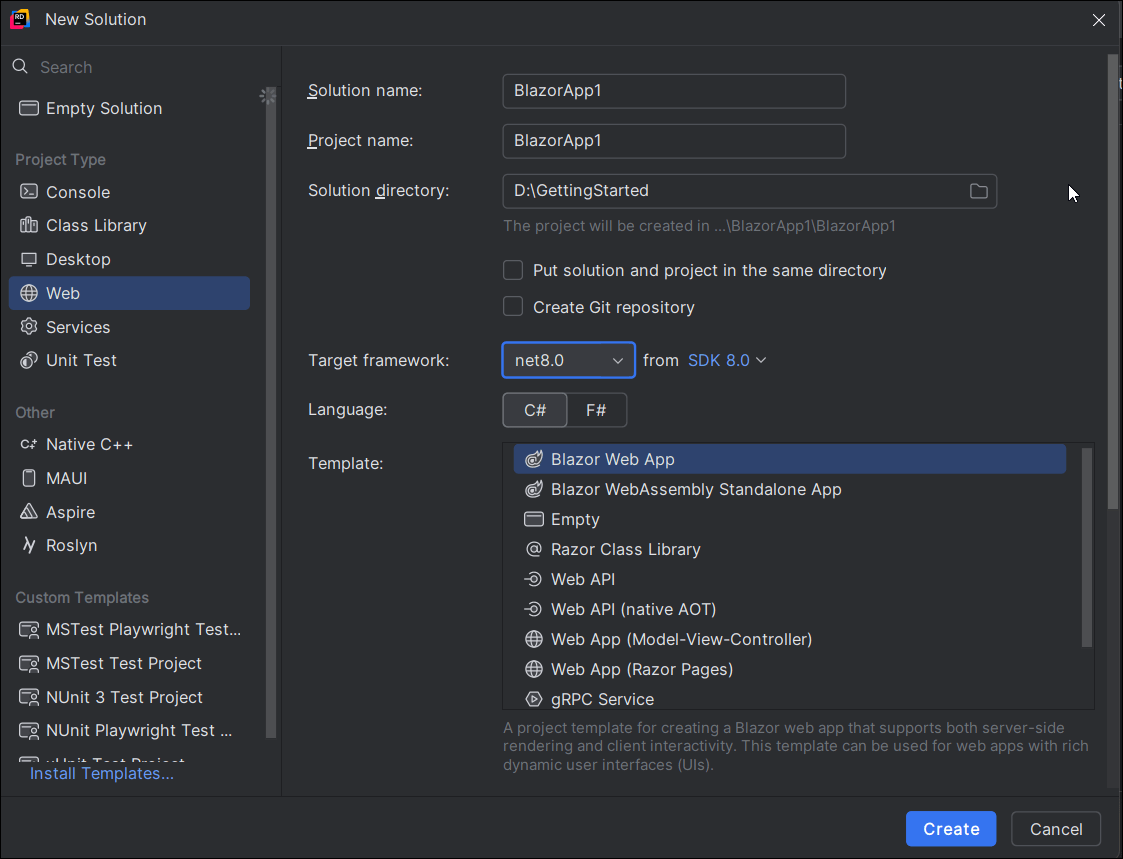 Creating a new Blazor server-side app project in JetBrains Rider