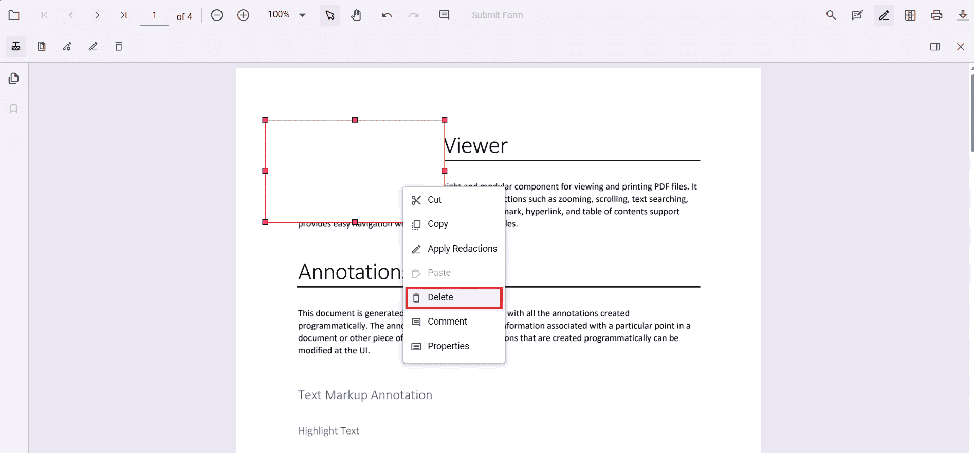 Context menu showing Delete for a redaction
